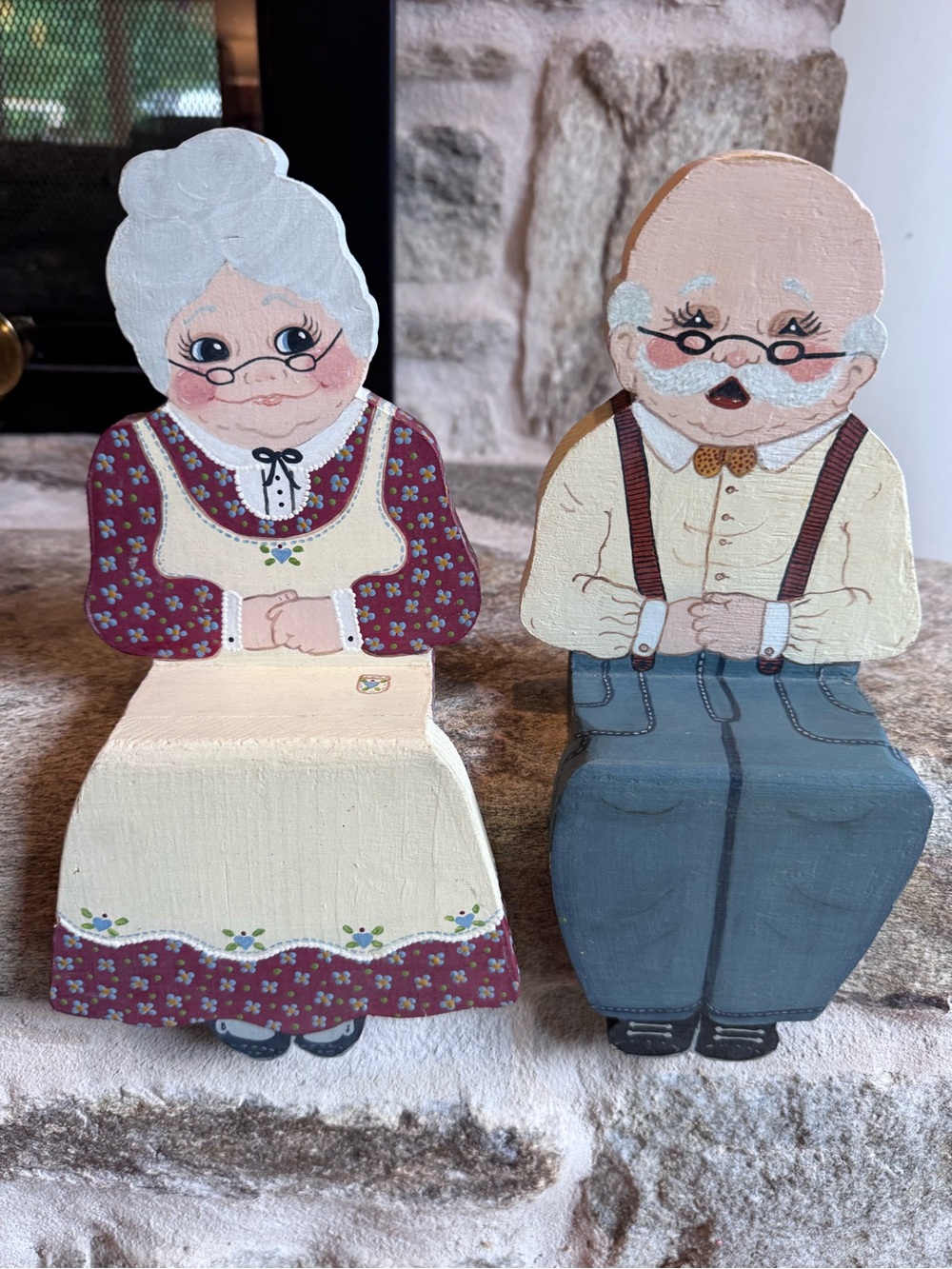 Hand-Painted Wooden Grandma & Grandpa Shelf Sitters by Laurene – Folk Art Couple